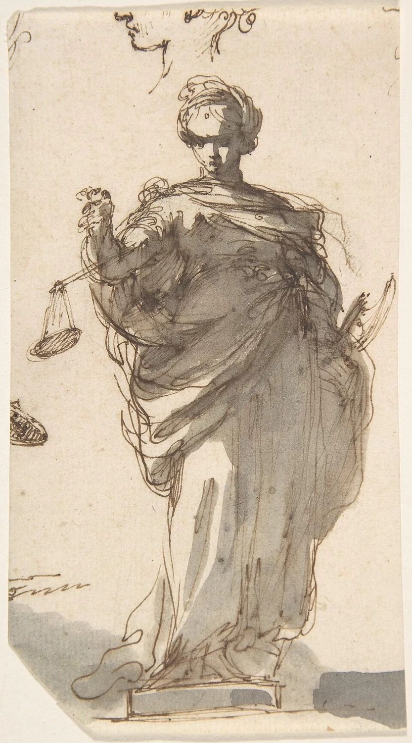 Progetto per una statua della giustizia con schizzi a sinistra e in alto - Metropolitan Museum of Art, New York